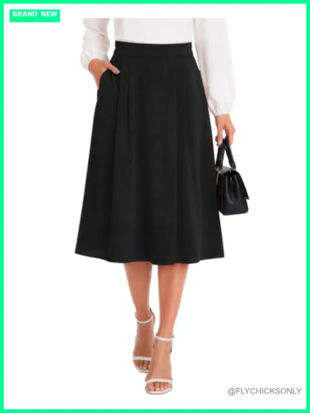 High Waisted Midi Skirt A Line Pleated Flowy Skirt with Pockets
